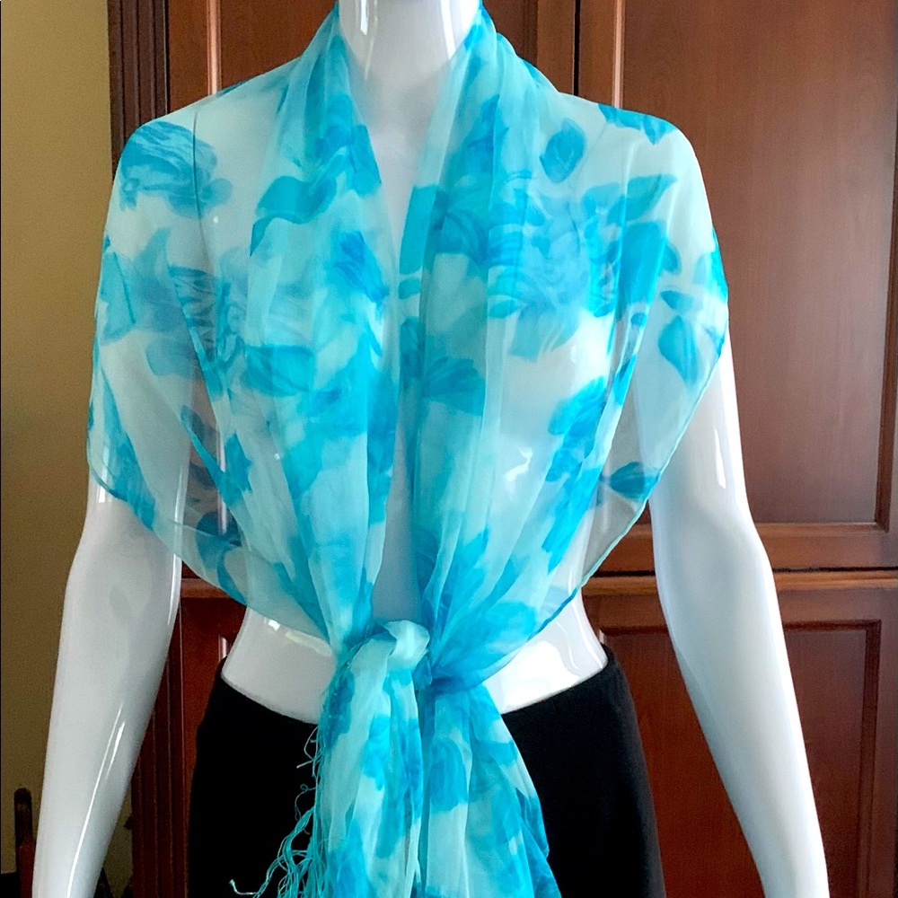 Lovely blue & white soft & sheer 100% silk scarf long & wide summer shawl wrap